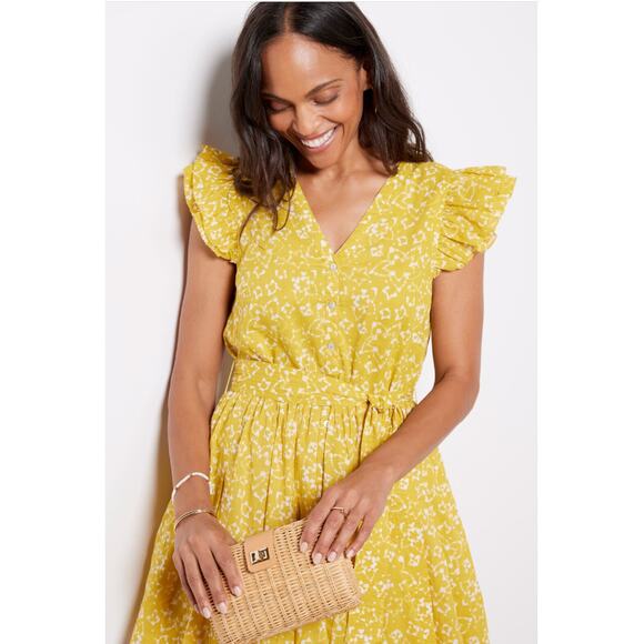 CLEOBELLA NWT Zia Organic Cotton Ruffle Tie Waist Mini Dress in Mustard // L - Picture 2 of 15
